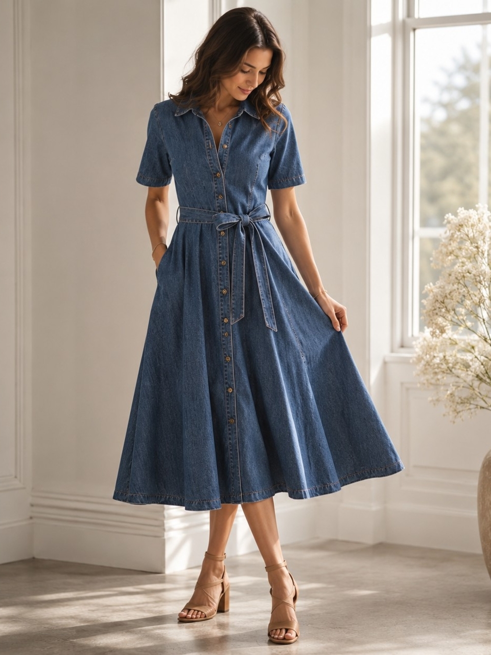 Free Market Classic Blue Denim Midi Shirt Dress with Tie Waist Sz L NWT